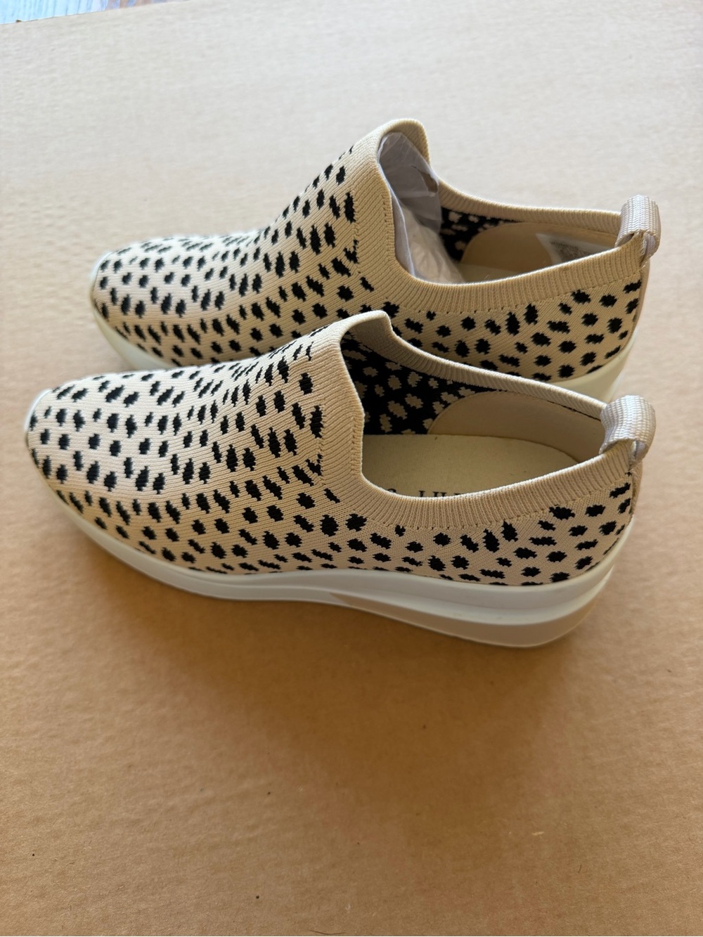 Gianni Bini Cream Slip-On Knit Wedge Sneakers with Black Spot Print - Picture 3 of 5